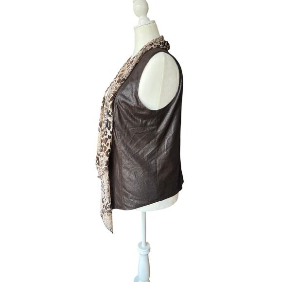 Easywear By Chico's Chiffon and Faux Leather Brown Vest Women's Size 1 (Medium) - Picture 3 of 9